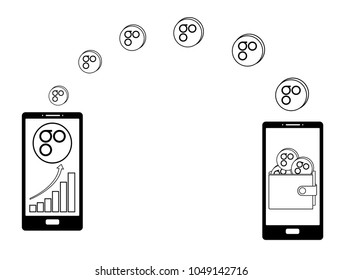 transfer omisego coins from phone to wallet in another phone , buying omisego in the phone, transfer crypto currensy  in the wallet, phone with growth diagram on a screen