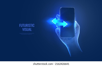 Transferencia en dispositivo en estilo futurista digital. Dos flechas multidireccionales sobre el fondo de una mano con un smartphone, el concepto de compartir en la aplicación. Ilustración del vector 