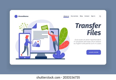 Transfer of online files. Exchange of digital data between users. Backing up to virtual cloud to save information. Web download and interactions among electronic devices. Vector home page flat banner