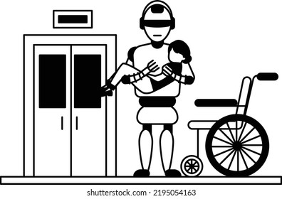 Transfer A Patient To Wheelchair Concept, Recovery Room Scene Vector Icon Design, Robotic Medicine Symbol, Healthcare Scene Sign, Innovation Artificial Intelligence Works In Modern Clinic Stock