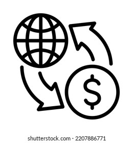 Transfer payment icon. Exchange arrow between global and money. Outline style. Vector. Isolate on white background.