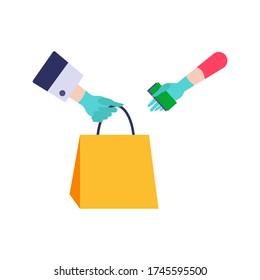 Transfer and payment of the package from the courier to the buyer in gloves. Safe food delivery. Vector illustration in a flat style. 