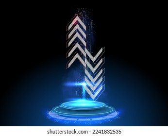 Transfer, receiving or exchanging data, Sending or receiving digital money. A hologram or projection of neon arrows pointing in opposite directions on blue