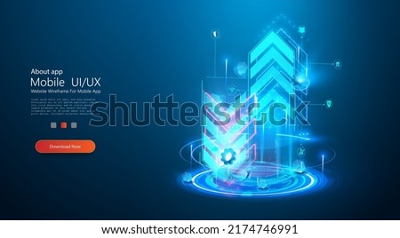 Transfer, receiving or exchanging data, Sending or receiving digital money. A hologram or projection of neon arrows pointing in opposite directions on blue futuristic background. Transfer vector sign.