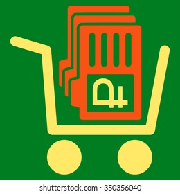 Transfer Rouble Accounts vector icon. Style is bicolor flat symbol, orange and yellow colors, rounded angles, green background.