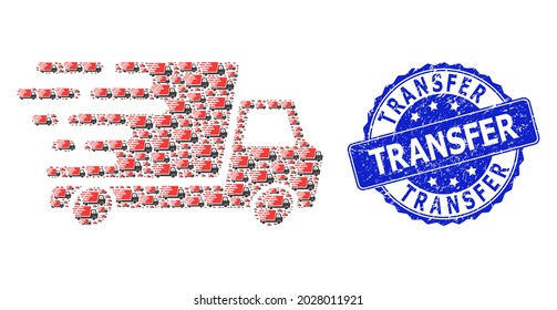Transfer scratched round stamp seal and vector recursive collage delivery car. Blue seal has Transfer text inside round shape. Vector mosaic is composed of recursive delivery car icons.