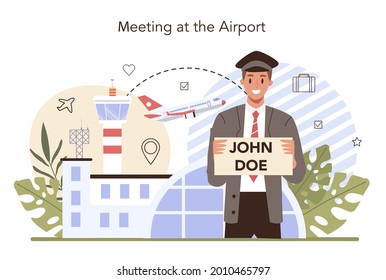 Transfer service concept. Airport pickup. Tourists transportation from airport to a hotel. Pre ordered taxi, help with baggage. Transport for tourist. Flat vector illustration