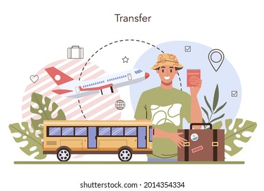 Transfer service concept. Tourists transportation from airport to a hotel. Pre ordered taxi or bus, help with baggage. Transport for tourist. Flat vector illustration