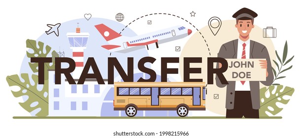 Transfer service typographic header. Tourists transportation from airport to a hotel. Pre ordered taxi or bus, help with baggage. Transport for tourist. Flat vector illustration