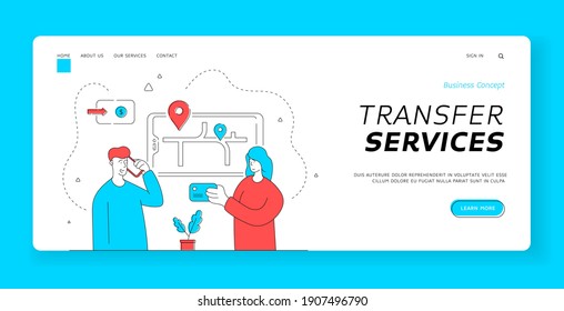 Transfer services landing page banner template. Woman browsing map on smartphone while man speaking with operator and ordering cab for trip through city