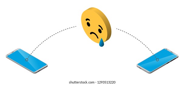 Transfer sms from smartphone to smartphone. Yellow sad smiley with tear. Send message. Isometric vector illustration