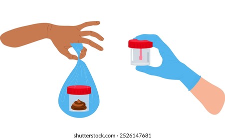 Transferencia de las pruebas de heces. Pruebas médicas del Enviar paciente a un profesional médico. Mano humana con guante azul que sostiene el tarro para las heces. Recipiente de laboratorio con excremento. Ilustración vectorial plana.