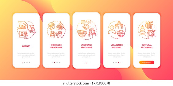 Transfer Student Onboarding Mobile App Page Screen With Concepts. Volunteer Mission. Education Abroad Walkthrough 5 Steps Graphic Instructions. UI Vector Template With RGB Color Illustrations
