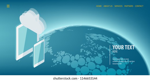 Transfer technology tablet phone. Gobal world map user connect. Data connection isometric. Digital vector illustration. Site page template.