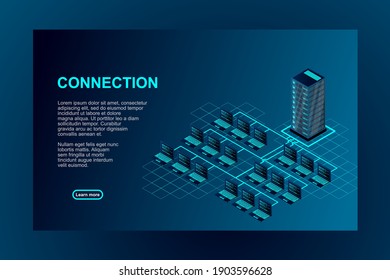 Transfer of user to the server. Data flow. Data storage. Server. Digital space. Data center. Big Data. Conceptual illustration. Isometric vector illustration.