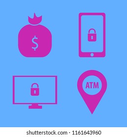 transfer vector icons set. with money bag, mobile security, cyber security and atm location in set