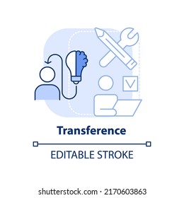 Transference light blue concept icon. Apply knowledge to work. Principle of learning abstract idea thin line illustration. Isolated outline drawing. Editable stroke. Arial, Myriad Pro-Bold fonts used