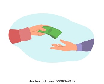 Transferencia de billetes de mano en mano. Pago en efectivo. Ilustración del vector aislada en fondo blanco