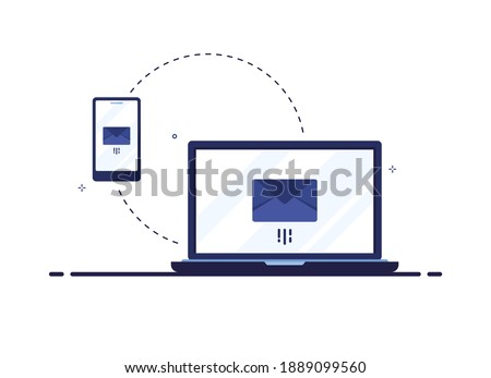 Transferring data from laptop to phone via the Internet. Sending and receiving letters via email. Correspondence by mail. On white background. Blue. Flat design. Eps 10