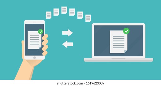 transferring or exchanging files between a smartphone and a laptop, copying information. Data exchange, file management, sharing, downloading. Stock vector illustration in a flat style.10 eps.