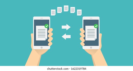 transferring or exchanging files between a smartphone and a mobile, copying information. Data exchange, file management, sharing, downloading. Stock vector illustration in a flat style.10 eps.