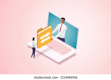 Transferring files folder between laptop users Digital file management service or transfer of data, document files via online data center connection network. isometric vector illustration