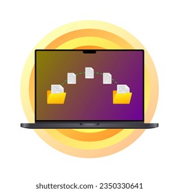 Transferring files on a laptop. Flat, color, file transfer, files on laptop. Vector illustration