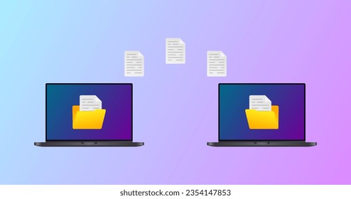 Transferring files on a laptop. Flat, color, file on screen, two laptops, file transfer. Vector illustration