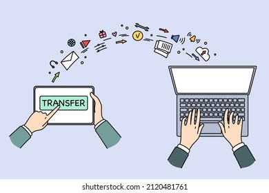 Transferring information and technologies concept. Top view flat-lay of human hands and laptop and transferring information emails to memory vector illustration 