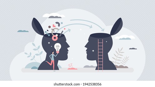 Transferring knowledge and information or skill teaching tiny person concept. Educational learning as data exchange or sharing vector illustration. Student, mentor or smart teacher mind interaction.