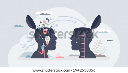 Transferring knowledge and information or skill teaching tiny person concept. Educational learning as data exchange or sharing vector illustration. Student, mentor or smart teacher mind interaction.