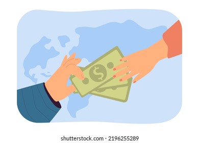 Transferir dinero al extranjero ilustración plana de vector. Gente enviando dinero a otro país. Concepto de transacciones monetarias internacionales para banner, diseño de sitios web o página web de aterrizaje