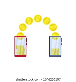 Transferring money between phones. Coins fly from one phone to another, a transparent screen. Vector illustration, flat cartoon color design, isolated on white background, eps 10.