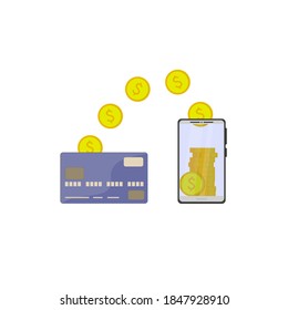 Transferring money from card to phone and vice versa. Vector illustration, flat cartoon color minimal design isolated on white background, eps 10.