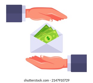 transferir dinero en un sobre de uno a otro. planes corruptos para obtener dinero. ilustración vectorial plana.