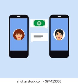 Transferring money to friends via chat messenger Illustration of two smartphones.