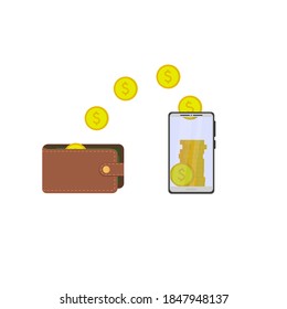 Transferring money from wallet to phone and back. Gold coins are stacked behind a transparent screen. Vector illustration, flat cartoon color minimal design, isolated on white background, eps 10.