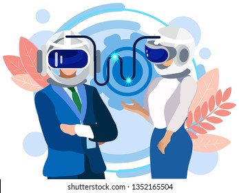 Transferring thoughts through an intelligent helmet. Communication of businessmen, employees. In minimalist style. Flat isometric vector illustration