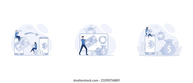 Transfers money, Virtual finance concept with outline people scene, non-cash payment transactions, set flat vector modern illustration