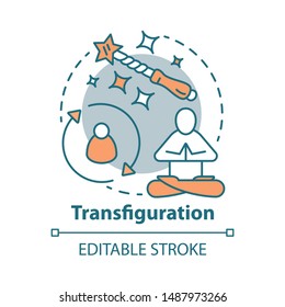 Transfiguration concept icon. Wizardry and witchcraft idea thin line illustration. Appearance alteration spell. Wizard wand and meditating monk vector isolated outline drawing. Editable stroke