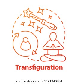 Transfiguration concept icon. Wizardry and witchcraft idea thin line illustration. Appearance alteration, transformation spell. Magic wand and meditating monk vector isolated outline drawing