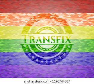 Transfix emblem on mosaic background with the colors of the LGBT flag