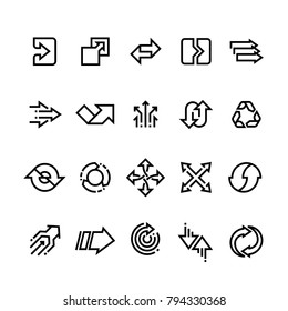 Transform action, many direction arrows line vector icons. Simple transition outline symbols. Arrow pointing line style collection