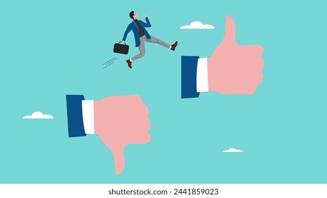 transform to better business opportunity, courage businessman jumping from thumb down to thumb up to take new opportunities, determination to progress or career growth, improvement to take career path