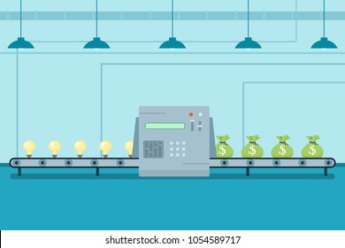 Transform bulb idea to money sacks, business concept vector illustration
