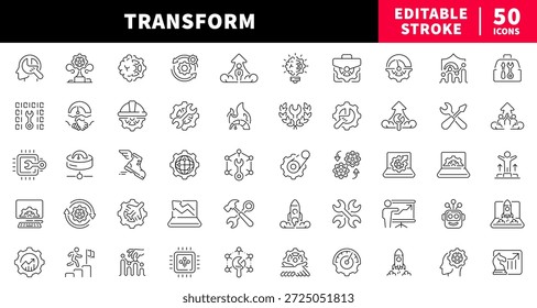 Transform editable line icons set. Transformation and development symbols