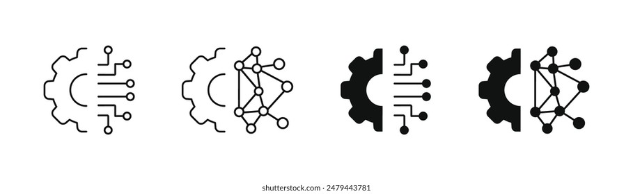 Conjunto de iconos de línea de transformación. icono de Vector de sistema fintech de negocios. símbolo de evolución de competencias de ingeniería. icono de Vector de tecnología de datos digitales para diseños de interfaz de usuario.