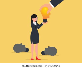 Transform to new business, Changing concepts to achieve goals. Big hand who supports the vision and goals of a businesswoman.