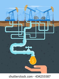 Transform oil to money concept. Get cash from oil pipe. Black gold. Oil pumps. Vector illustration in flat style. Oil and gas industry.