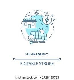 Transformar la luz solar en el icono del concepto de electricidad. Ilustración de línea delgada de la idea de energía solar. Energía eléctrica. Convertidor fotoeléctrico. Dibujo de color RGB con contorno aislado del vector. Trazo editable